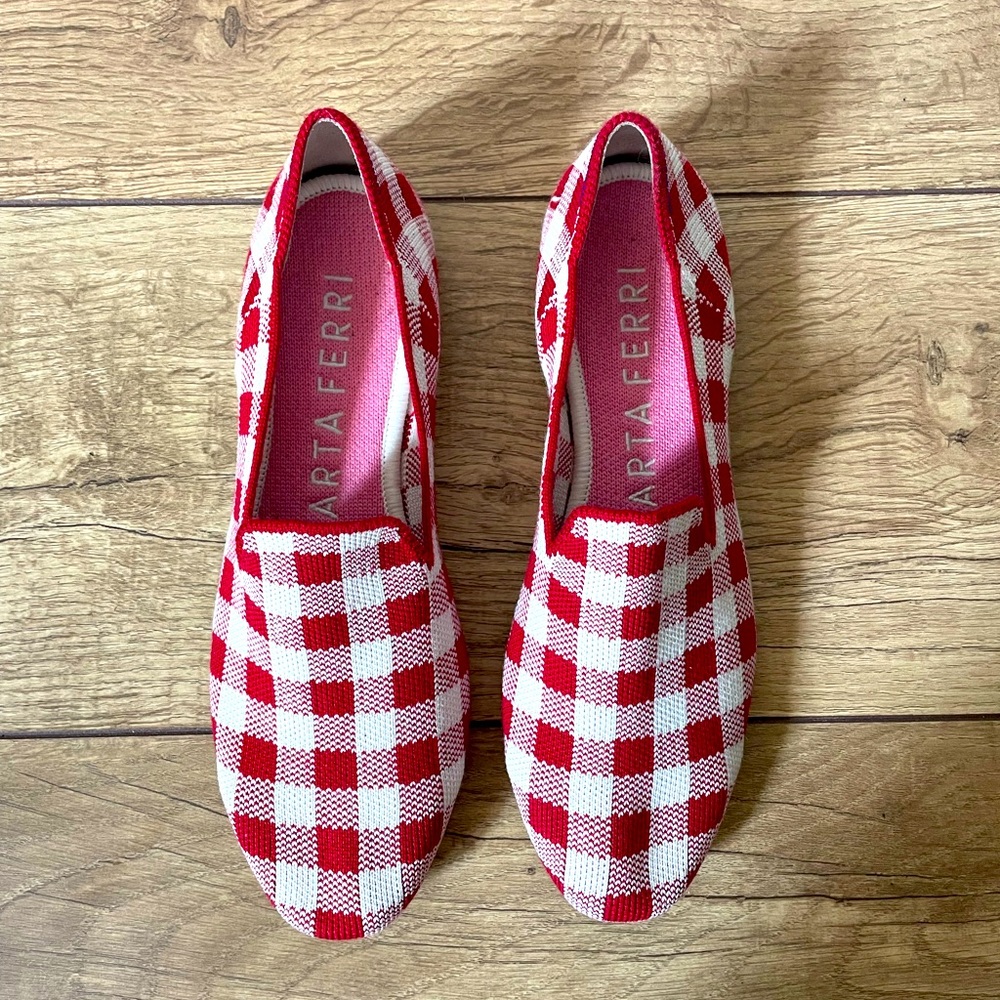 Rothy’s The Loafers Marta Ferri Red and White Gingham Wood Sole LIMITED EDITION